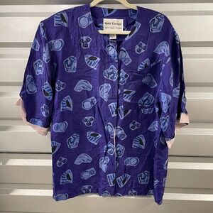 Vintage Hattie Carnegie Silk Button Up Shirt Womens L Purple Ocean Beach Theme